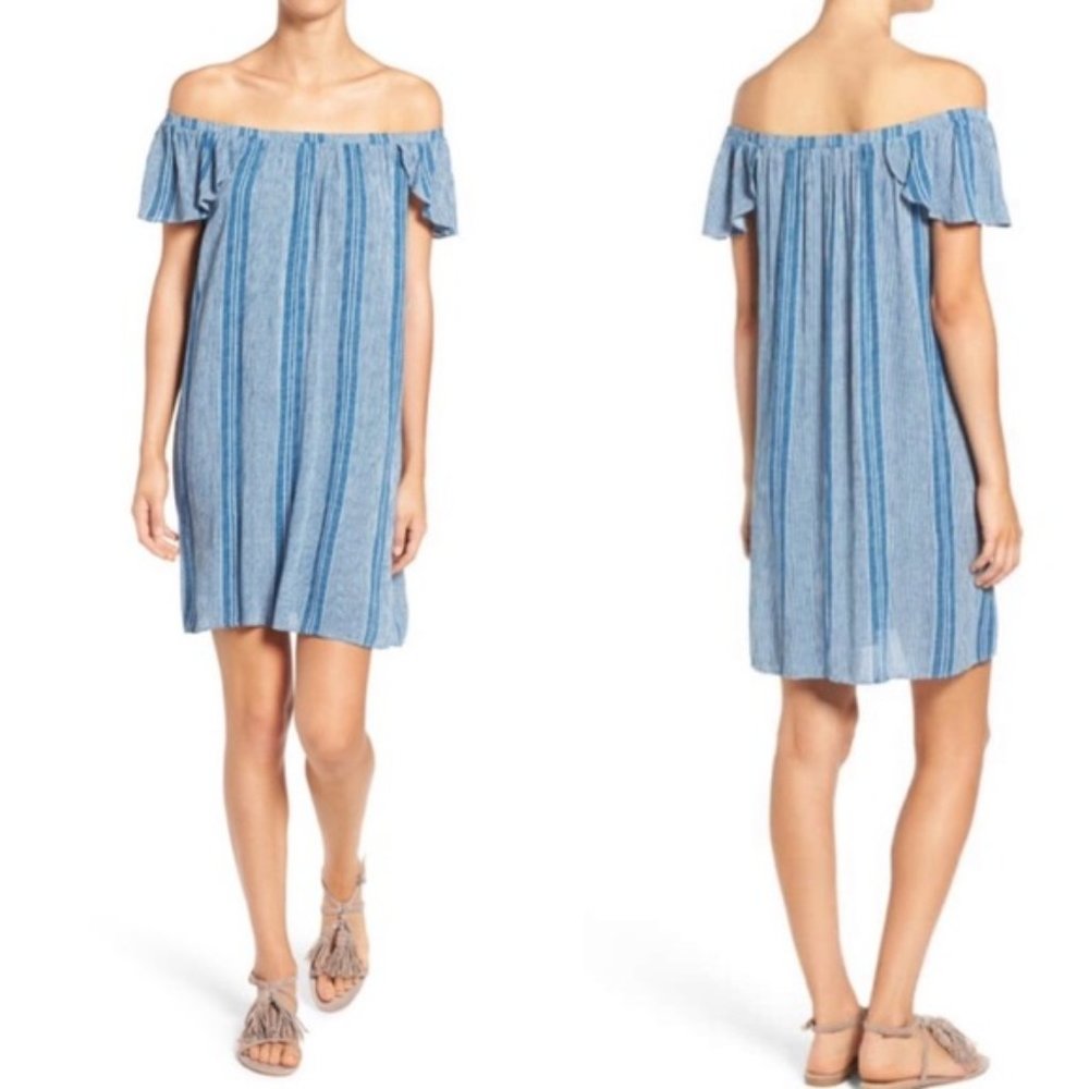 Everly Blue Cream Stripe off-shoulder dress XS